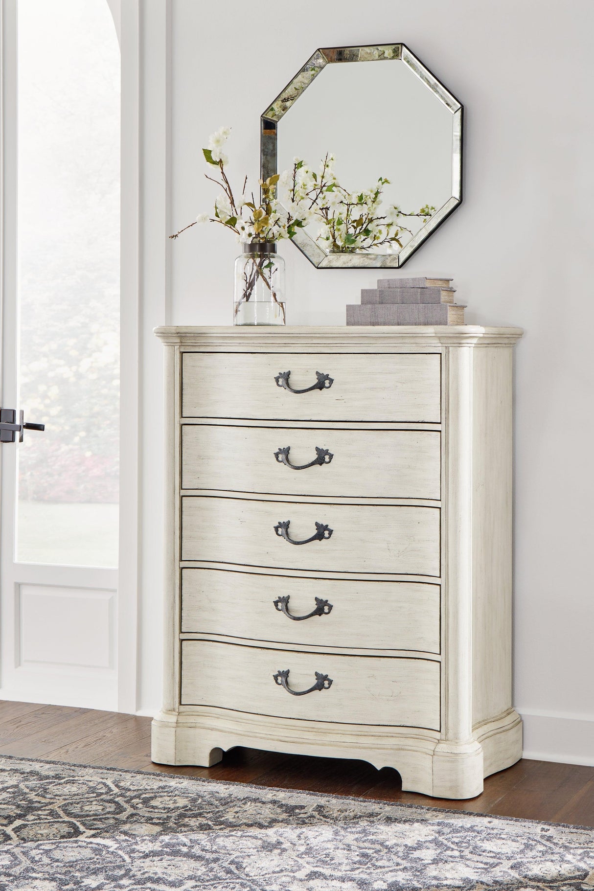 Arlendyne California King Upholstered Bed with Mirrored Dresser, Chest and Nightstand in Antique White by Ashley at Eve Furniture