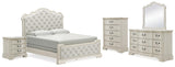 Arlendyne California King Upholstered Bed with Mirrored Dresser, Chest and Nightstand in Antique White by Ashley at Eve Furniture