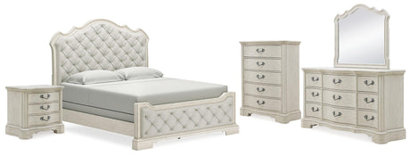 Arlendyne California King Upholstered Bed with Mirrored Dresser, Chest and Nightstand in Antique White by Ashley at Eve Furniture