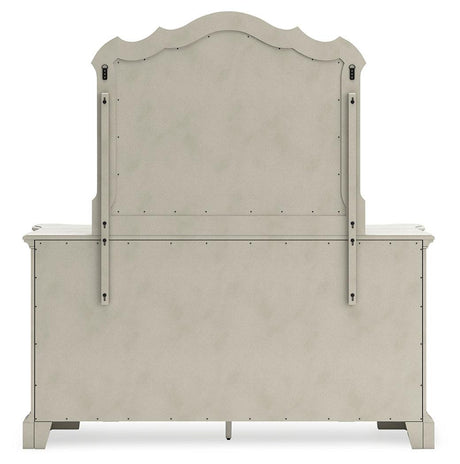 Arlendyne California King Upholstered Bed with Mirrored Dresser, Chest and Nightstand in Antique White by Ashley at Eve Furniture