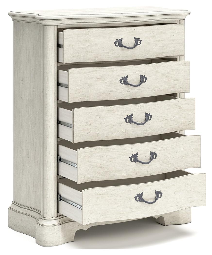 Arlendyne California King Upholstered Bed with Mirrored Dresser, Chest and Nightstand in Antique White by Ashley at Eve Furniture