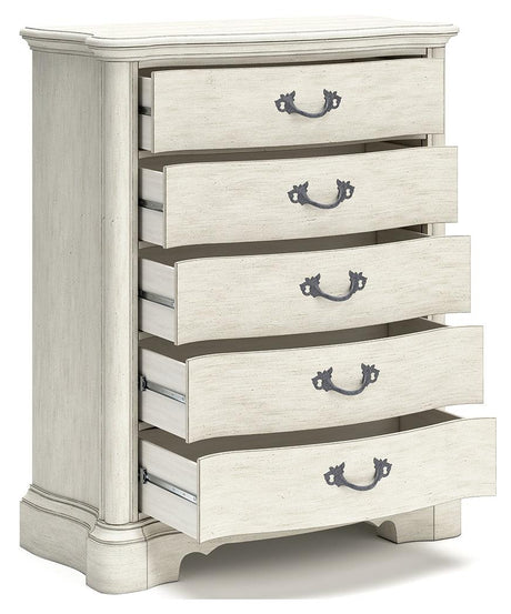 Arlendyne California King Upholstered Bed with Mirrored Dresser, Chest and Nightstand in Antique White by Ashley at Eve Furniture
