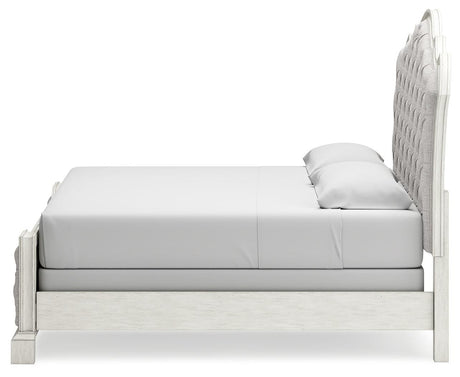Arlendyne California King Upholstered Bed with Mirrored Dresser in Antique White by Ashley at Eve Furniture