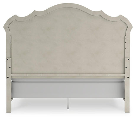 Arlendyne California King Upholstered Bed with Mirrored Dresser in Antique White by Ashley at Eve Furniture