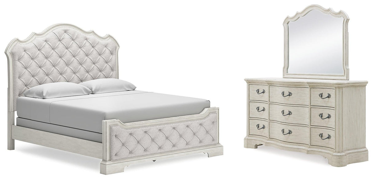 Arlendyne California King Upholstered Bed with Mirrored Dresser in Antique White by Ashley at Eve Furniture