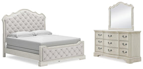 Arlendyne California King Upholstered Bed with Mirrored Dresser in Antique White by Ashley at Eve Furniture