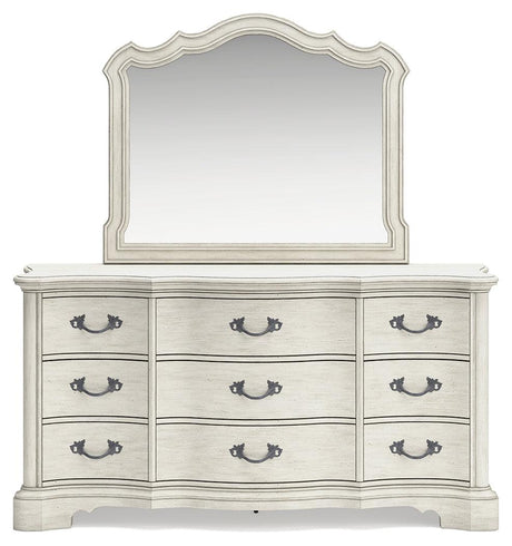 Arlendyne California King Upholstered Bed with Mirrored Dresser in Antique White by Ashley at Eve Furniture