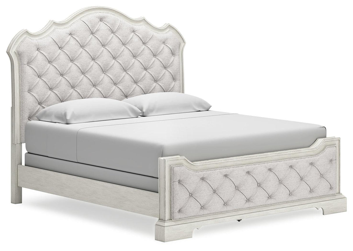 Arlendyne California King Upholstered Bed with Mirrored Dresser in Antique White by Ashley at Eve Furniture