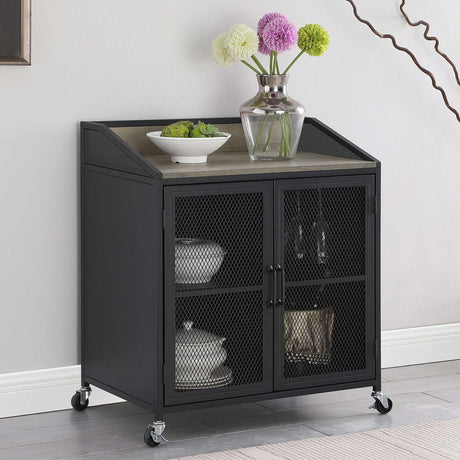 Arlette Gray Wash/Sandy Black Wine Cabinet with Wire Mesh Doors by Coaster at Eve Furniture