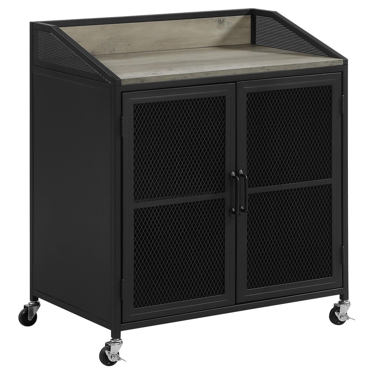 Arlette Gray Wash/Sandy Black Wine Cabinet with Wire Mesh Doors