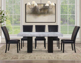 Artemis 5-Piece 70″ Rect Gray Marble Table, Black Finish w/4 Black Vegan Leather Chairs by Steve Silver at Eve Furniture