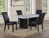 Artemis 5-Piece 70″ Rect Gray Marble Table, Black Finish w/4 Black Vegan Leather Chairs by Steve Silver at Eve Furniture