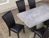 Artemis 5-Piece 70″ Rect Gray Marble Table, Black Finish w/4 Black Vegan Leather Chairs by Steve Silver at Eve Furniture