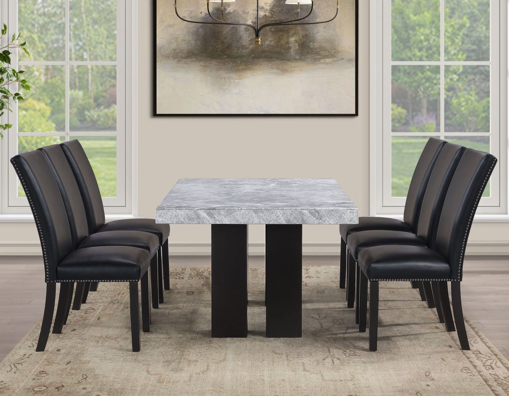 Artemis 5-Piece 70″ Rect Gray Marble Table, Black Finish w/4 Black Vegan Leather Chairs by Steve Silver at Eve Furniture