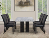 Artemis 5-Piece 70″ Rect Gray Marble Table, Black Finish w/4 Black Vegan Leather Chairs by Steve Silver at Eve Furniture