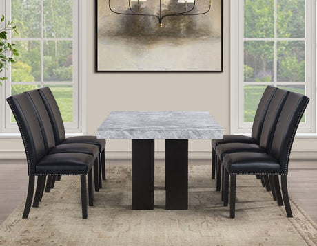 Artemis 5-Piece 70″ Rect Gray Marble Table, Black Finish w/4 Black Vegan Leather Chairs by Steve Silver at Eve Furniture