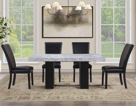 Artemis 5-Piece 70″ Rect Gray Marble Table, Black Finish w/4 Black Vegan Leather Chairs by Steve Silver at Eve Furniture