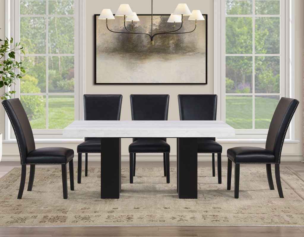 Artemis 5 Piece 70″ Rect White Marble Table, Black Finish w/4 Black Vegan Leather Chairs by Steve Silver at Eve Furniture