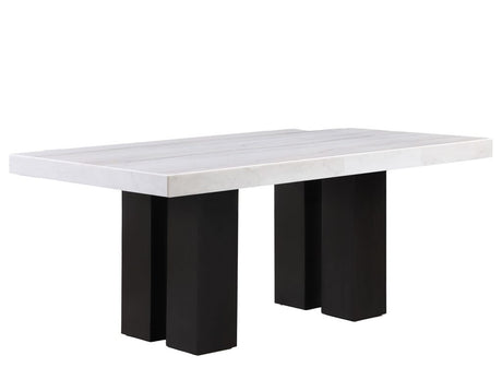 Artemis 5 Piece 70″ Rect White Marble Table, Black Finish w/4 Black Vegan Leather Chairs by Steve Silver at Eve Furniture