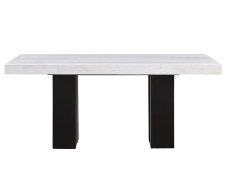 Artemis 5 Piece 70″ Rect White Marble Table, Black Finish w/4 Black Vegan Leather Chairs by Steve Silver at Eve Furniture