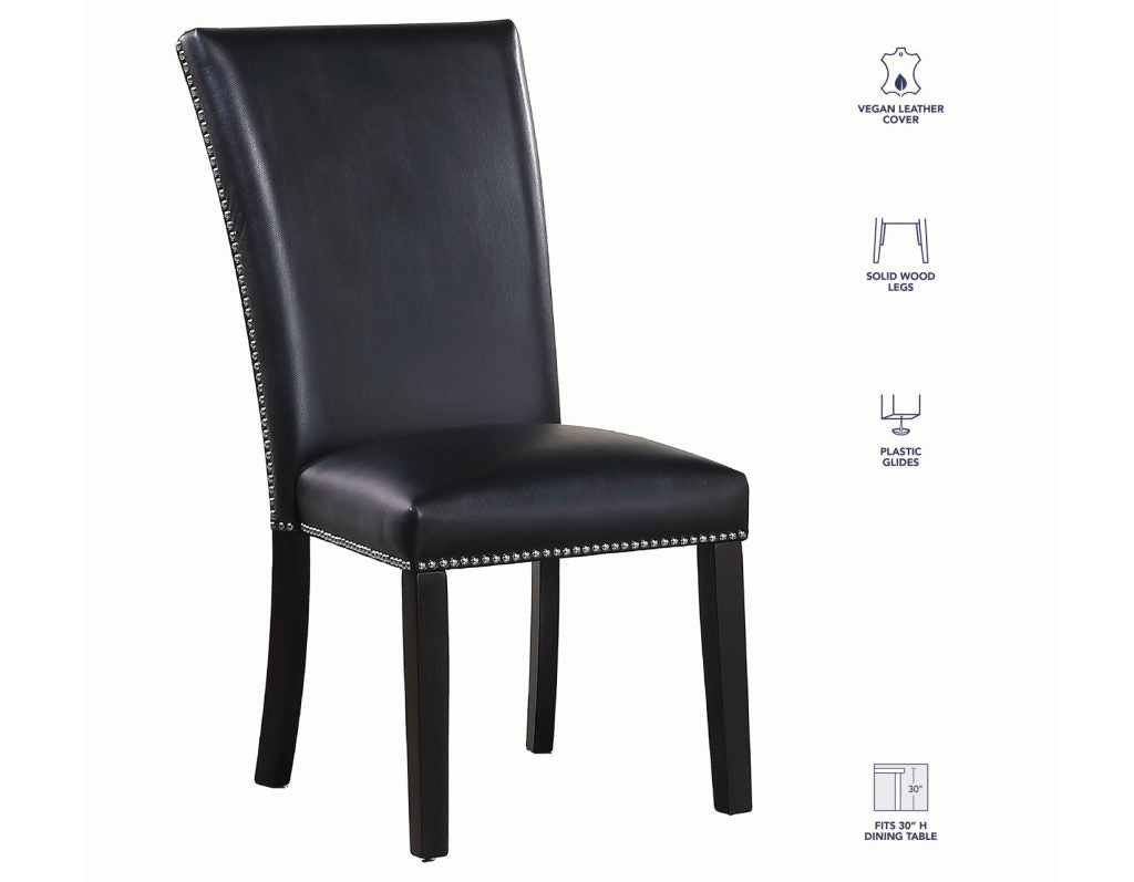 Artemis 5 Piece 70″ Rect White Marble Table, Black Finish w/4 Black Vegan Leather Chairs by Steve Silver at Eve Furniture