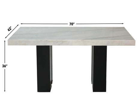 Artemis 5 Piece 70″ Rect White Marble Table, Black Finish w/4 Black Vegan Leather Chairs by Steve Silver at Eve Furniture