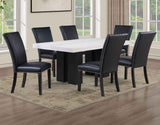 Artemis 5 Piece 70″ Rect White Marble Table, Black Finish w/4 Black Vegan Leather Chairs by Steve Silver at Eve Furniture