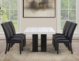 Artemis 5 Piece 70″ Rect White Marble Table, Black Finish w/4 Black Vegan Leather Chairs by Steve Silver at Eve Furniture