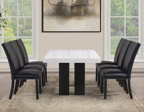 Artemis 5 Piece 70″ Rect White Marble Table, Black Finish w/4 Black Vegan Leather Chairs by Steve Silver at Eve Furniture