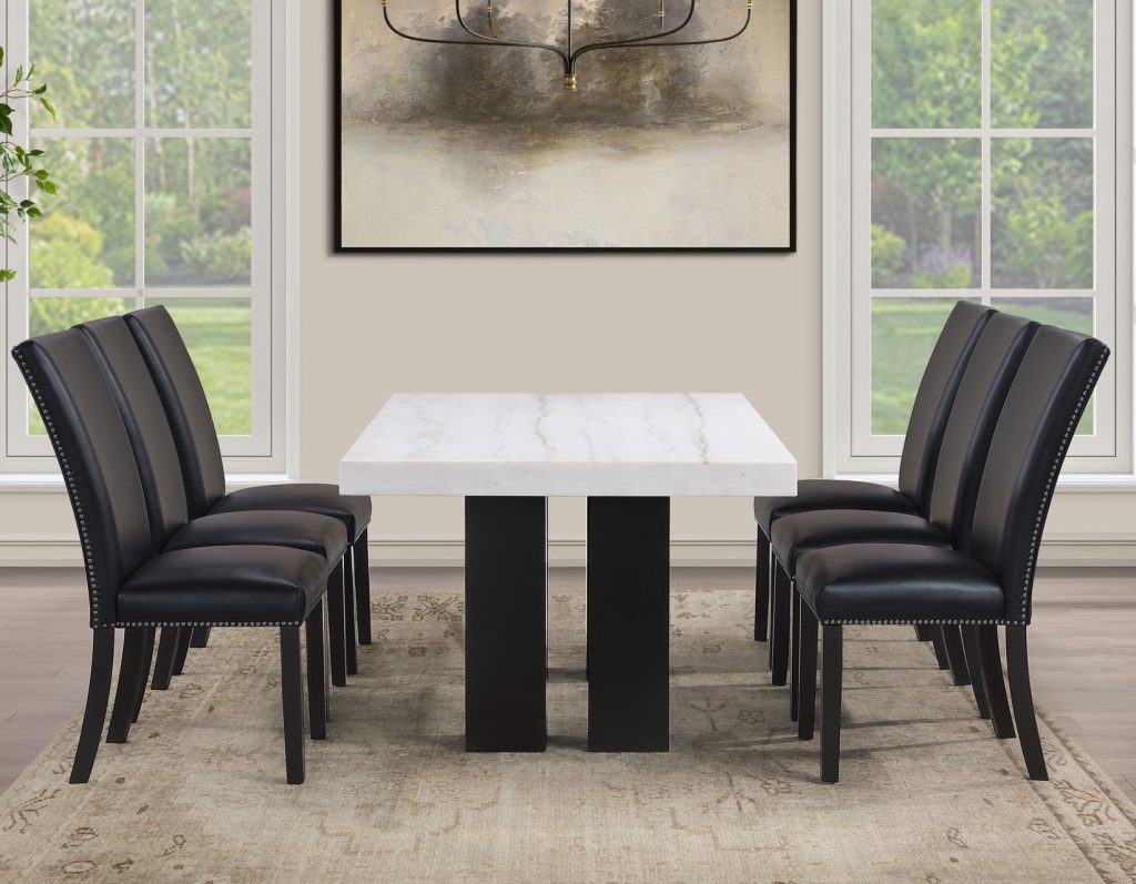 Artemis 5 Piece 70″ Rect White Marble Table, Black Finish w/4 Black Vegan Leather Chairs by Steve Silver at Eve Furniture