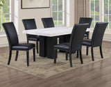 Artemis 5 Piece 70″ Rect White Marble Table, Black Finish w/4 Black Vegan Leather Chairs by Steve Silver at Eve Furniture