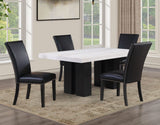 Artemis 5 Piece 70″ Rect White Marble Table, Black Finish w/4 Black Vegan Leather Chairs by Steve Silver at Eve Furniture