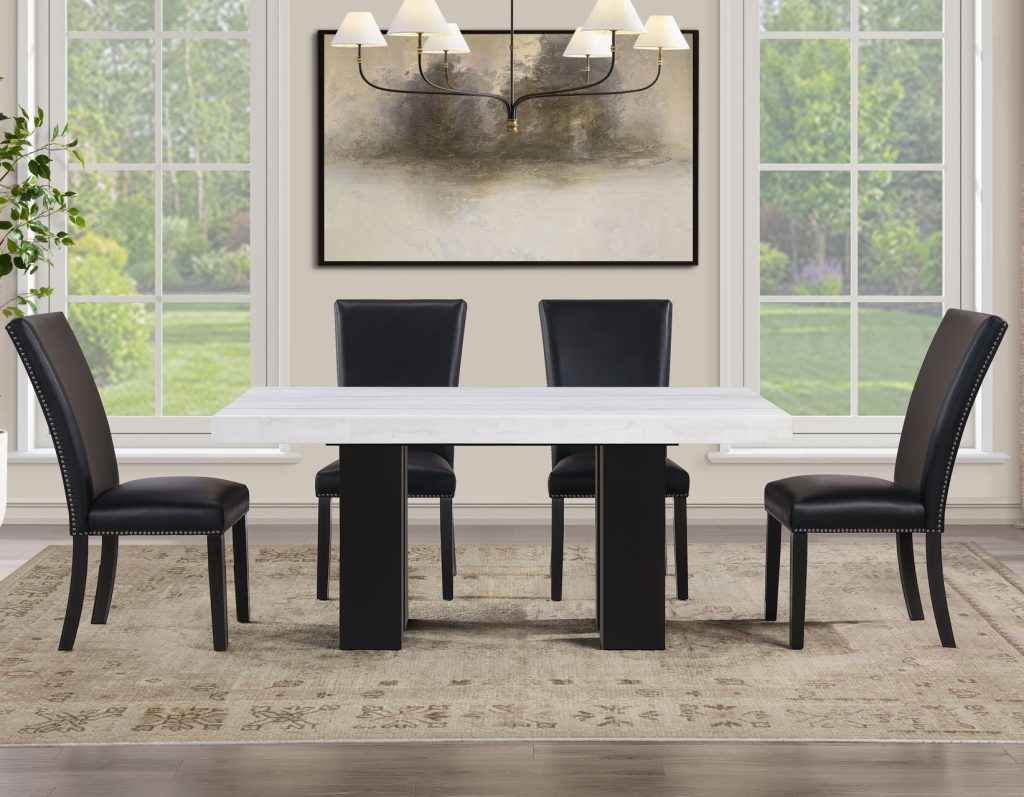 Artemis 5 Piece 70″ Rect White Marble Table, Black Finish w/4 Black Vegan Leather Chairs by Steve Silver at Eve Furniture
