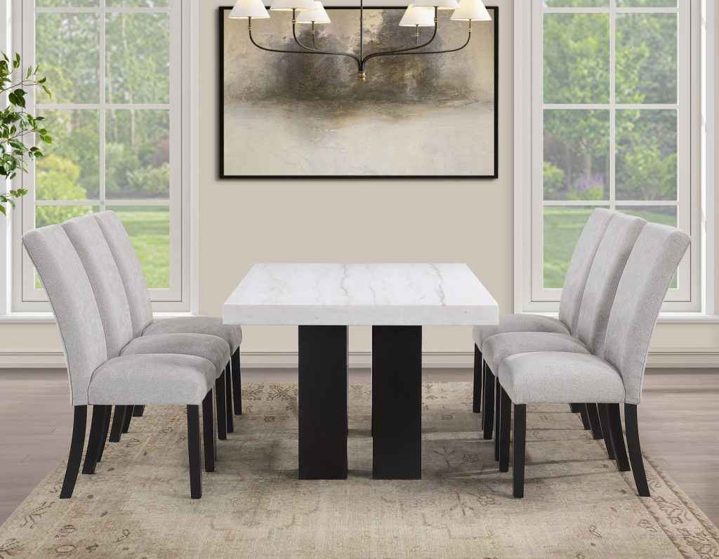 Artemis 5 Piece 70″ Rect White Marble Table, Black Finish w/4 Gray Chenille Chairs by Steve Silver at Eve Furniture