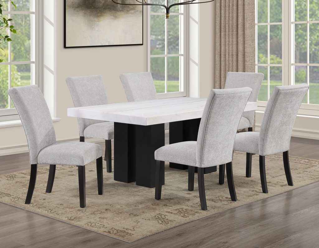 Artemis 5 Piece 70″ Rect White Marble Table, Black Finish w/4 Gray Chenille Chairs by Steve Silver at Eve Furniture