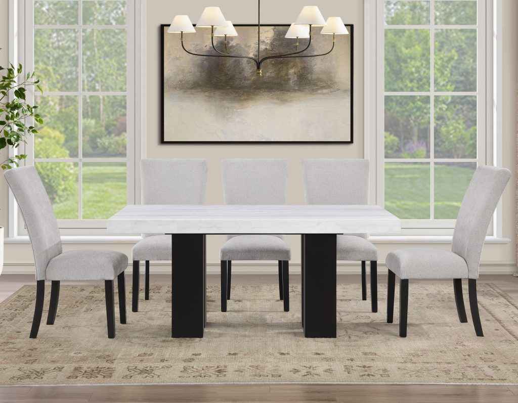 Artemis 5 Piece 70″ Rect White Marble Table, Black Finish w/4 Gray Chenille Chairs by Steve Silver at Eve Furniture