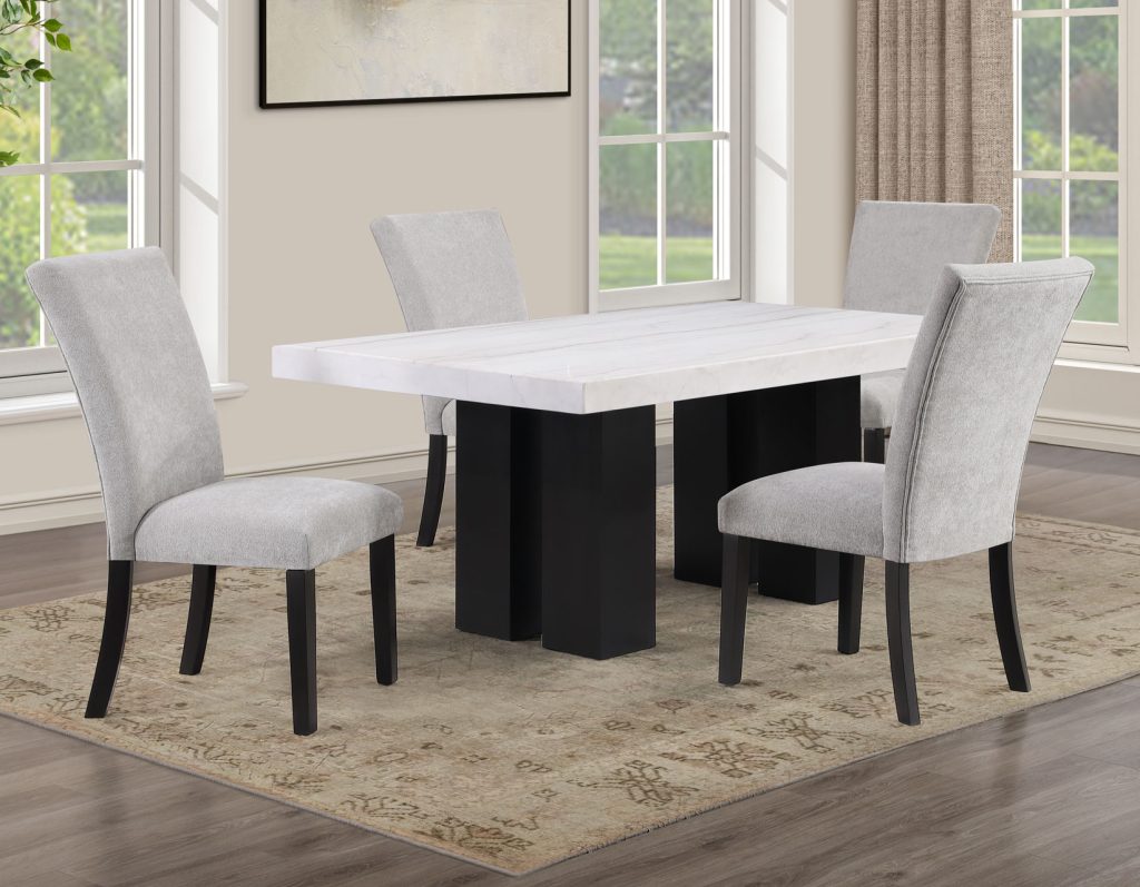 Artemis 5 Piece 70″ Rect White Marble Table, Black Finish w/4 Gray Chenille Chairs by Steve Silver at Eve Furniture