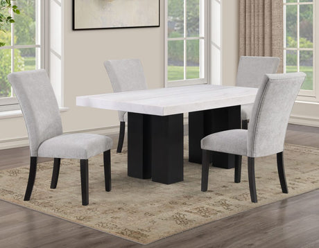 Artemis 5 Piece 70″ Rect White Marble Table, Black Finish w/4 Gray Chenille Chairs by Steve Silver at Eve Furniture