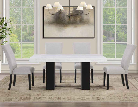 Artemis 5 Piece 70″ Rect White Marble Table, Black Finish w/4 Gray Chenille Chairs by Steve Silver at Eve Furniture