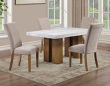 Artemis 5 Piece 70″ Rect White Marble Table, Tan Finish w/4 Beige Chenille Chairs by Steve Silver at Eve Furniture