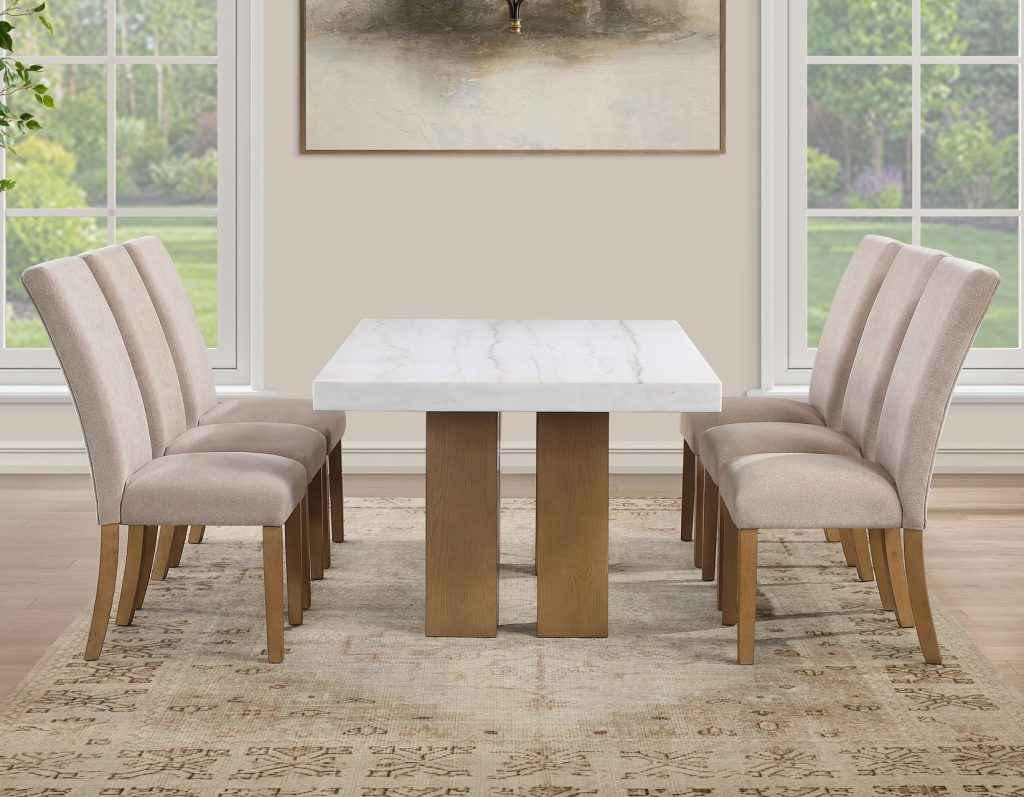 Artemis 5 Piece 70″ Rect White Marble Table, Tan Finish w/4 Beige Chenille Chairs by Steve Silver at Eve Furniture