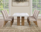 Artemis 5 Piece 70″ Rect White Marble Table, Tan Finish w/4 Beige Chenille Chairs by Steve Silver at Eve Furniture