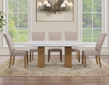 Artemis 5 Piece 70″ Rect White Marble Table, Tan Finish w/4 Beige Chenille Chairs by Steve Silver at Eve Furniture