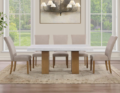 Artemis 5 Piece 70″ Rect White Marble Table, Tan Finish w/4 Beige Chenille Chairs by Steve Silver at Eve Furniture