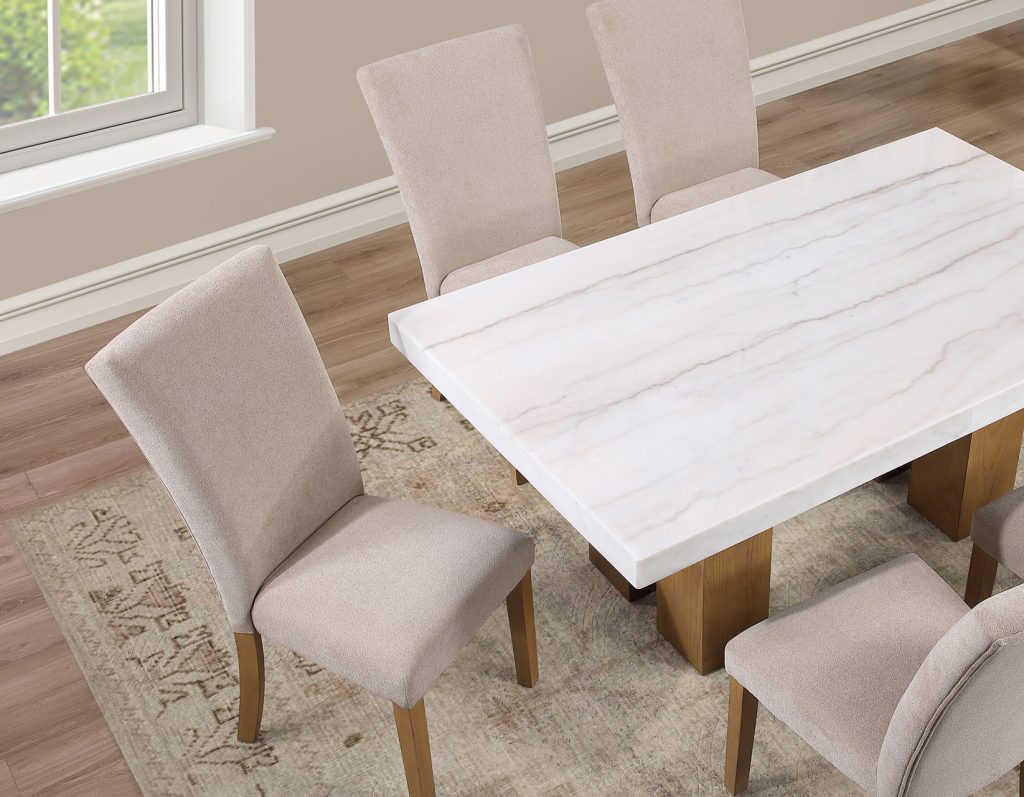 Artemis 5 Piece 70″ Rect White Marble Table, Tan Finish w/4 Beige Chenille Chairs by Steve Silver at Eve Furniture