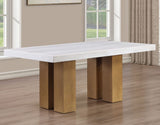 Artemis 5 Piece 70″ Rect White Marble Table, Tan Finish w/4 Beige Chenille Chairs by Steve Silver at Eve Furniture