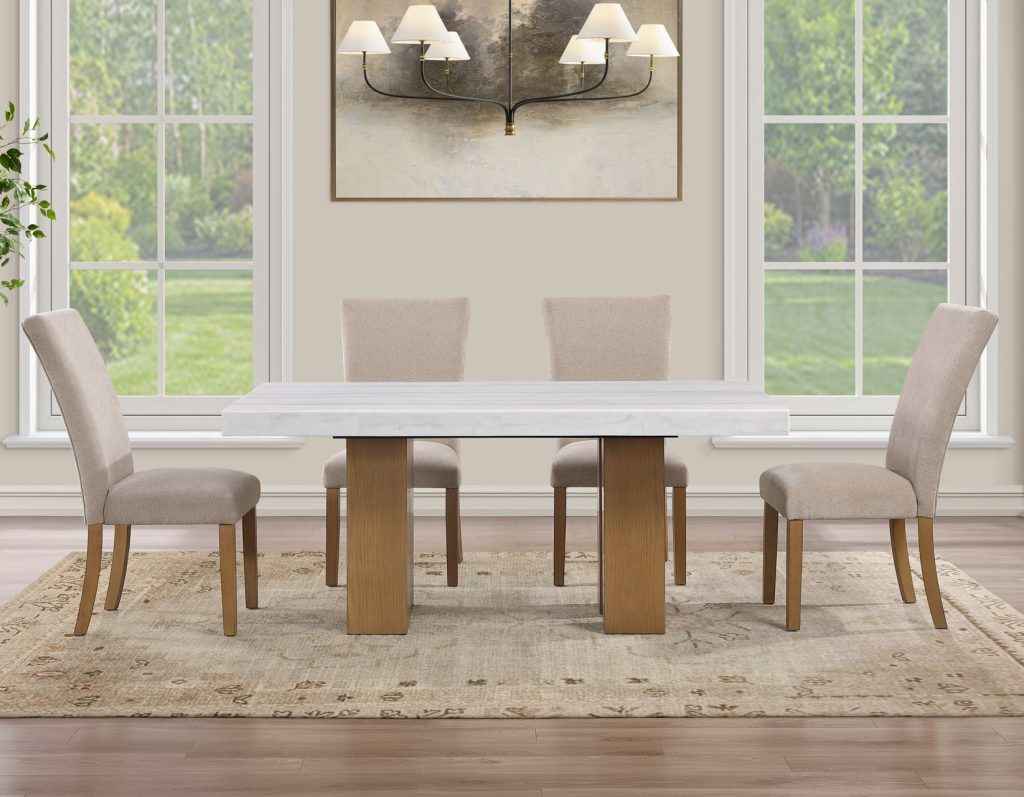 Artemis 5 Piece 70″ Rect White Marble Table, Tan Finish w/4 Beige Chenille Chairs by Steve Silver at Eve Furniture