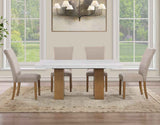 Artemis 5 Piece 70″ Rect White Marble Table, Tan Finish w/4 Beige Chenille Chairs by Steve Silver at Eve Furniture