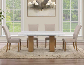 Artemis 5 Piece 70″ Rect White Marble Table, Tan Finish w/4 Beige Chenille Chairs by Steve Silver at Eve Furniture
