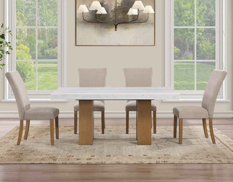 Artemis 5 Piece 70″ Rect White Marble Table, Tan Finish w/4 Beige Chenille Chairs by Steve Silver at Eve Furniture